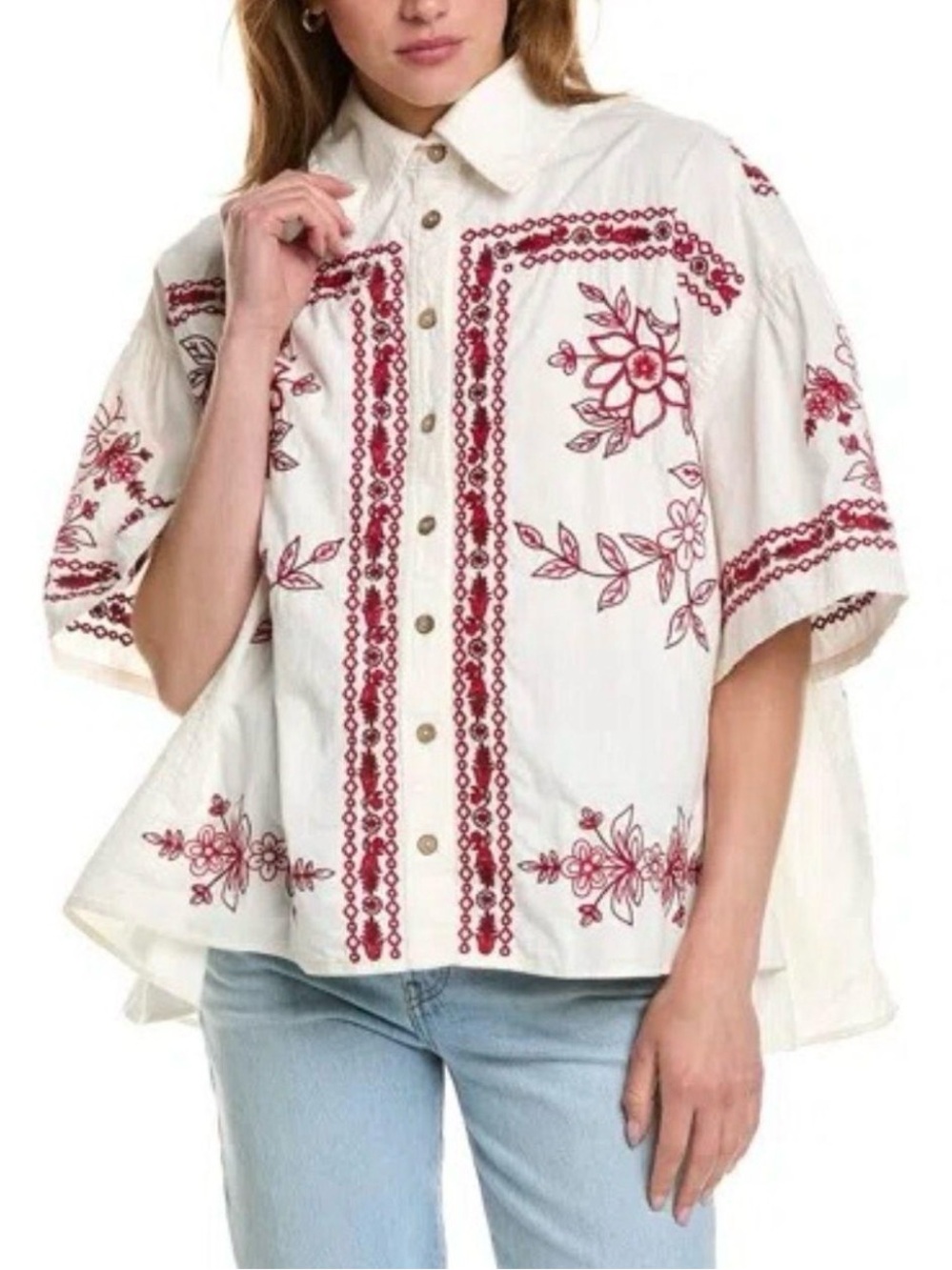 We The Free White Button-Down Top with Red Floral Embroidery